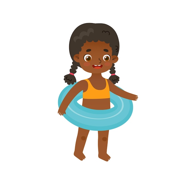 Linda niña con anillo inflable en vacaciones de verano Niño afroamericano de dibujos animados con anillo de goma