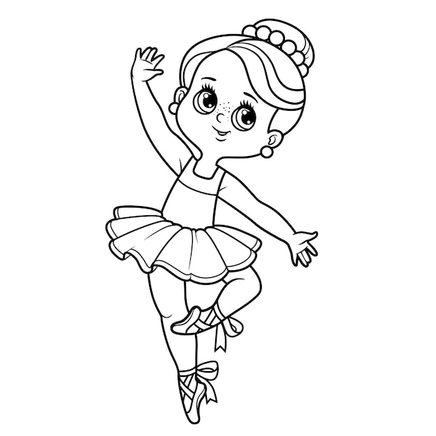 Vector linda niña bailarina de dibujos animados en tutú y zapatos puntiagudos delineados para colorear aislados en un fondo blanco