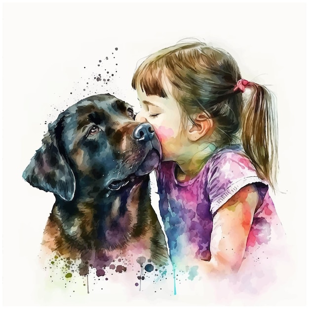 Linda niña besando a su perro ilustración de pintura de acuarela