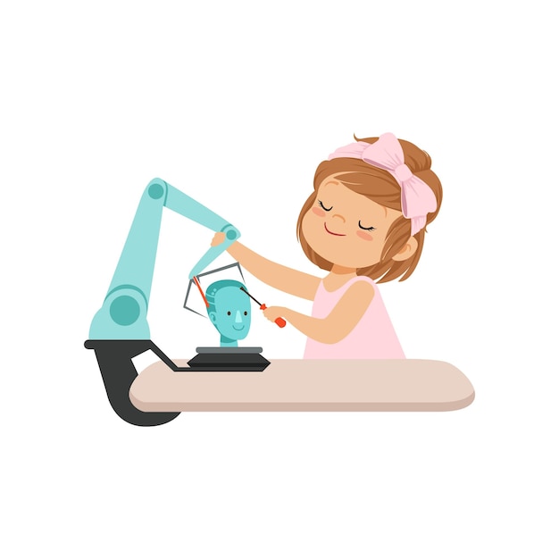 Linda niña construyendo un robot robótica y programación para niños vector de concepto de proyecto educativo ilustración aislada sobre fondo blanco