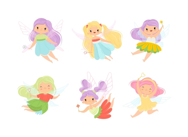 La linda niña duende con alas etéreas volando con el conjunto vectorial de la varita mágica