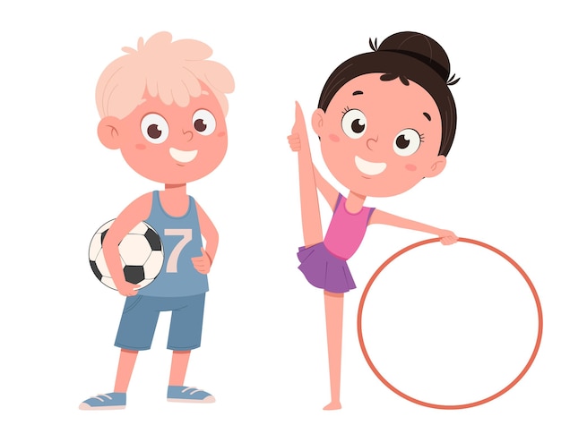 Linda niña entrenando con hula hoop y niño con balón de fútbol divertidos personajes de dibujos animados