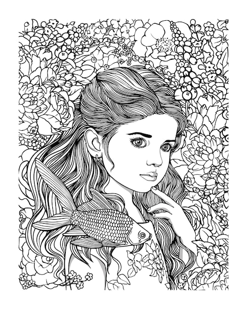 Linda niña europea bw vector rodeada de flores. con peces dorados. vector blanco y negro