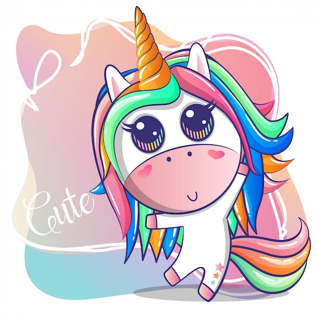 Linda niña feliz unicornio de dibujos animados