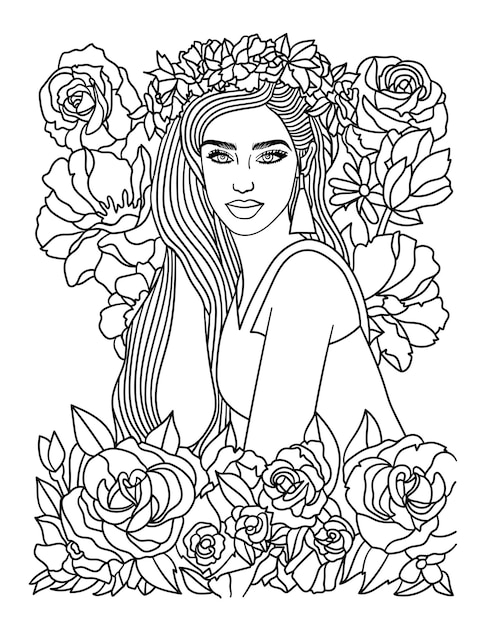 Vector linda niña de las flores para colorear para adultos