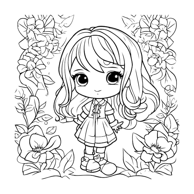 Linda niña con flores ilustración vectorial para colorear libro