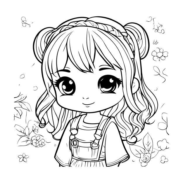 Linda niña con flores ilustración vectorial para colorear libro