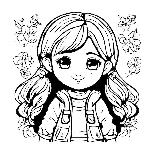 Vector linda niña con flores ilustración vectorial para colorear libro