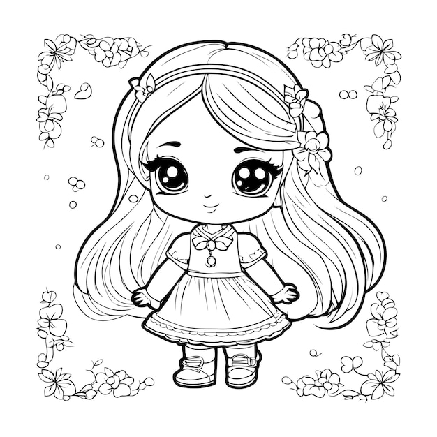Linda niña con flores ilustración vectorial para colorear libro