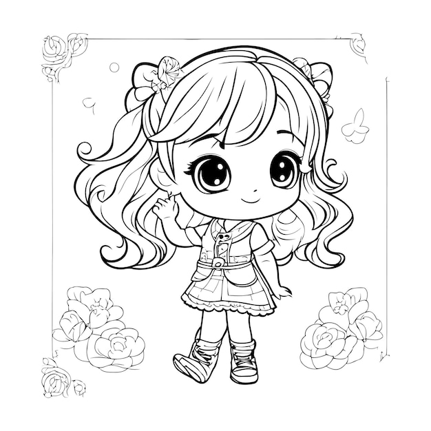 Linda niña con flores ilustración vectorial para colorear libro