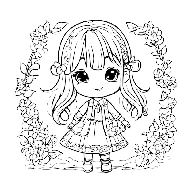 Linda niña con flores ilustración vectorial para colorear libro