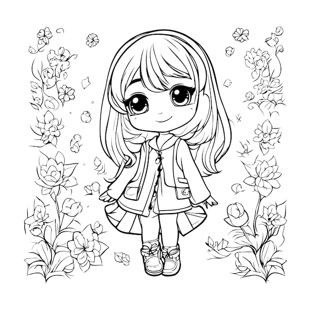 Linda niña con flores ilustración vectorial para colorear libro