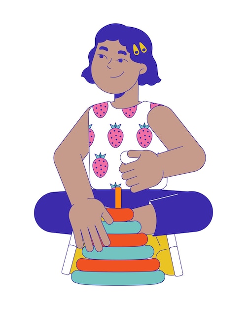 Una linda niña hispana jugando con un personaje de dibujos animados en 2D de pirámide