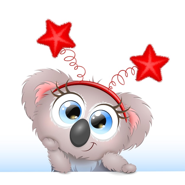 Linda niña koala de dibujos animados divertidos y esponjosos con estrellas rojas de navidad en la diadema. aislado.