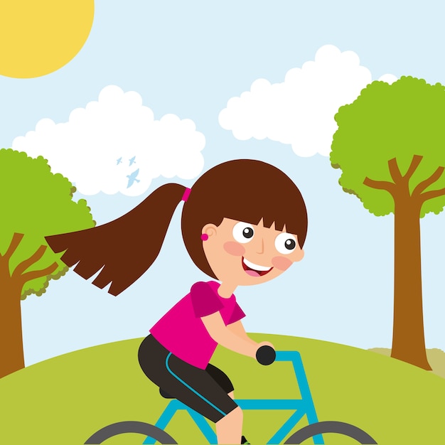 Vector linda niña montando bicicleta deporte en paisaje