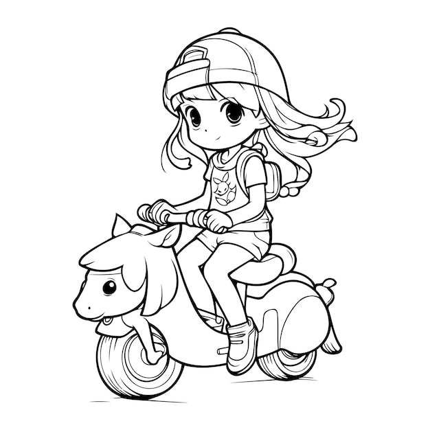 Linda niña montando scooter ilustración vectorial para colorear libro