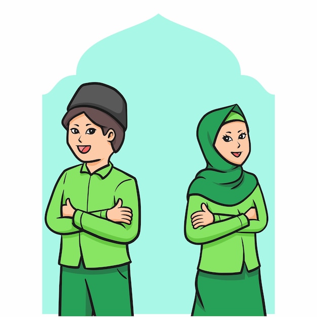 Vector linda niña y niño musulmán celebrando eid mubarak ilustración vectorial de dibujos animados