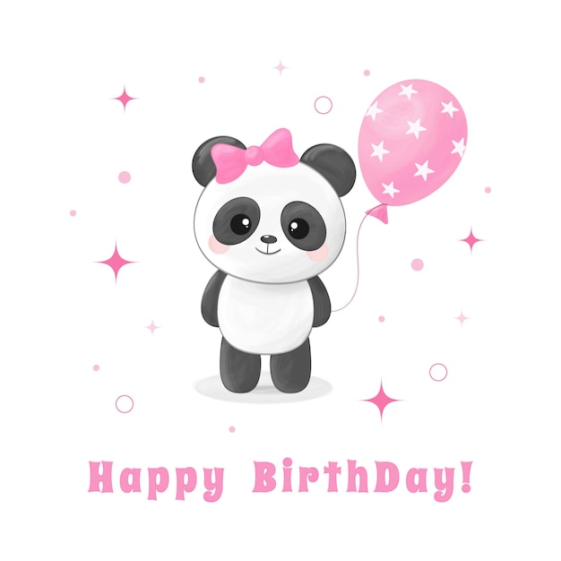 Linda niña panda con globo rosa y lazo Tarjeta de felicitación de feliz cumpleaños