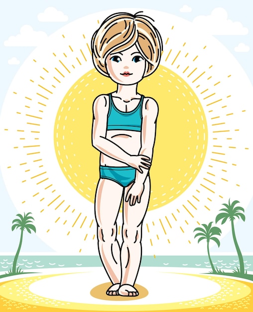 Linda niña rubia de pie en la playa tropical con palmeras. Ilustración humana vectorial con traje de baño colorido.