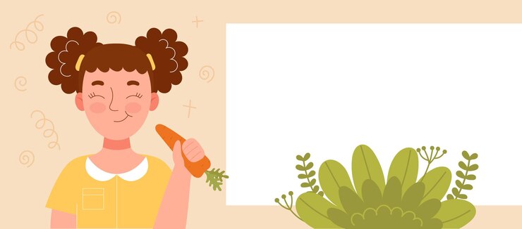 Vector linda niña sonriente comiendo una manzana. merienda escolar, comida sana, dieta de frutas, vitaminas para niños. banner para sitio web. spase, para, texto, template., plano, vector, caricatura, ilustración común