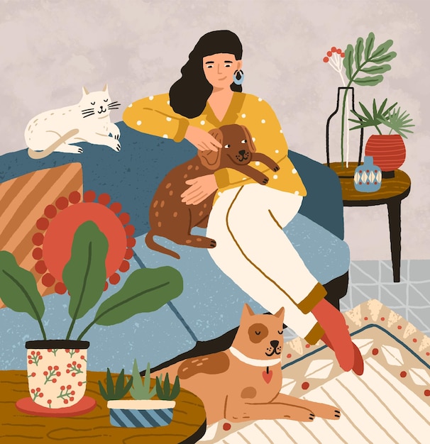 Linda niña sonriente sentada en un cómodo sofá con perros y gatos. Mujer adorable que pasa tiempo en casa con sus animales domésticos. Retrato del dueño de una mascota feliz. Ilustración de vector de dibujos animados plana.