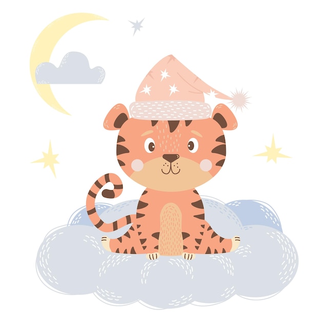 Linda niña tigre con gorro de dormir rosa se sienta en la nube Concepto de animal bebé para el diseño de guardería