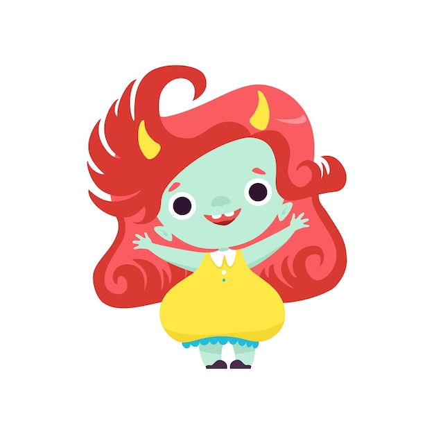Linda niña troll de cuernos sonriente feliz personaje de criatura de fantasía adorable con ilustración vectorial de cabello rojo sobre fondo blanco