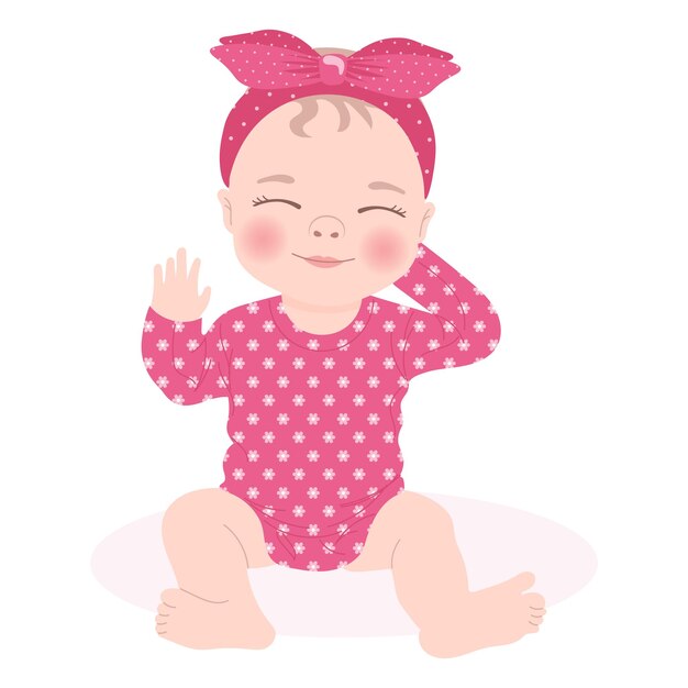 Linda niña con un vestido rosa con un lazo, niña recién nacida. Tarjeta infantil, impresión, vector