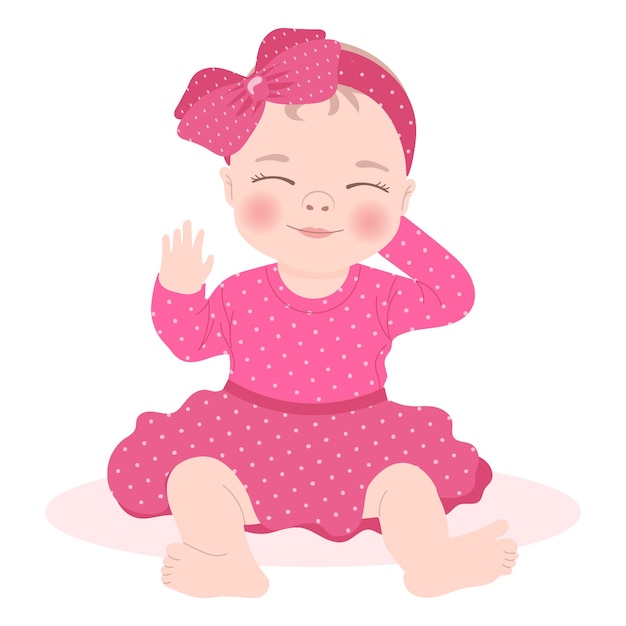 Linda niña con un vestido rosa con un lazo, niña recién nacida. Tarjeta infantil, impresión, vector