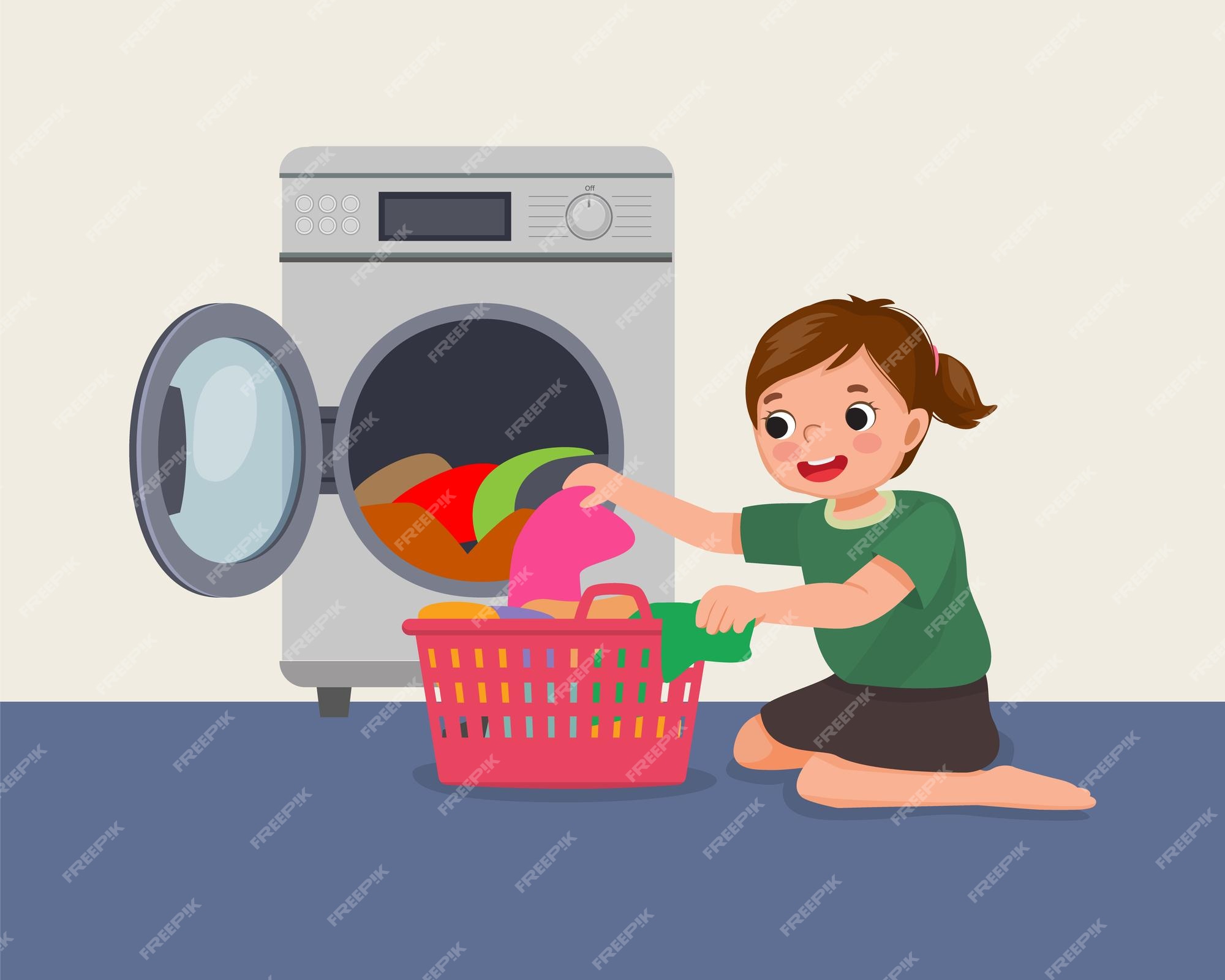 Linda niñita lavando ropa con lavadora como actividad diaria de tareas  rutinarias | Vector Premium