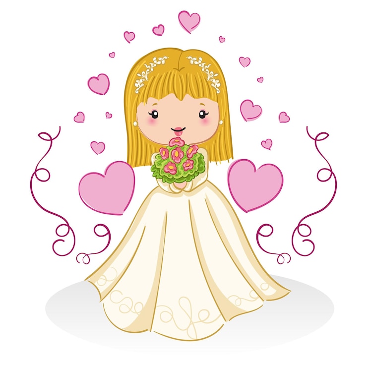 Vector linda novia con corazones y flores.