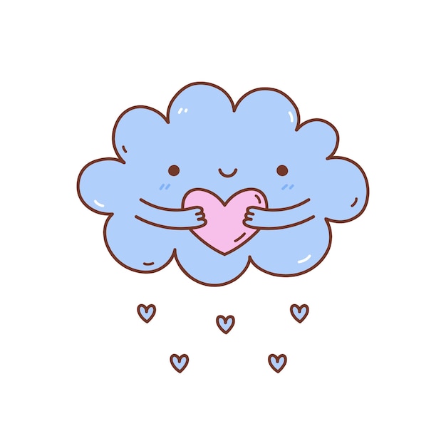 Vector linda nube abrazando un corazón aislado sobre fondo blanco ilustración dibujada a mano en estilo kawaii