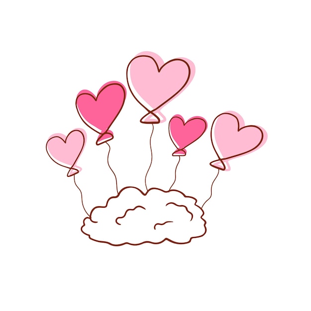 Linda nube de amor con globos rosas aislados en blanco. feliz día de san valentín. corazones románticos.