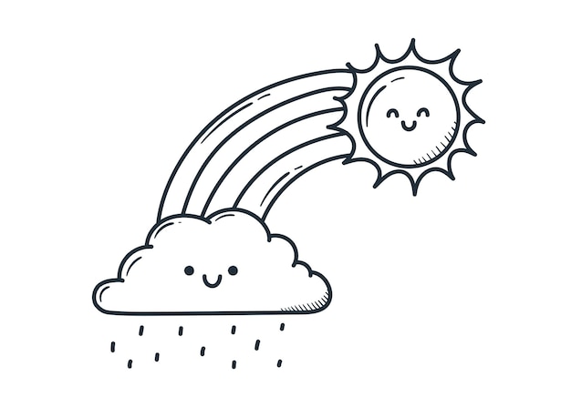 Linda nube de arco iris de sol kawaii con estilo de dibujos animados de doodle de lluvia