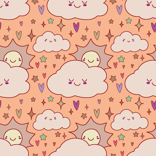 Linda nube colorida cara sonriente kawaii sin fisuras de fondo con estrellas y oye ilustración vectorial EPS