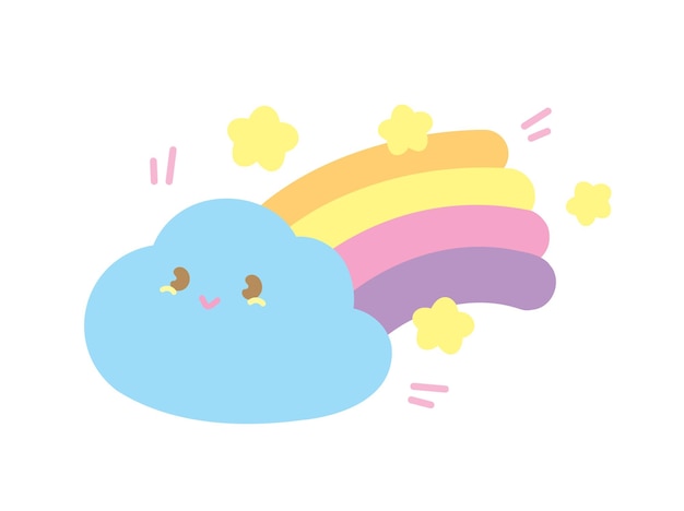 linda nube kawaii con cola de arco iris y estrellas elemento gráfico vectorial de dibujos animados