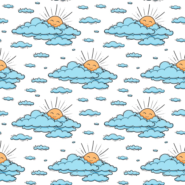 Linda nube y sol de patrones sin fisuras vector fondo Sonriente sol niños ilustración aislado en azul