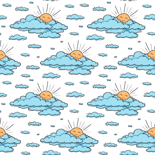 Linda nube y sol de patrones sin fisuras vector fondo sonriente sol niños ilustración aislado en azul