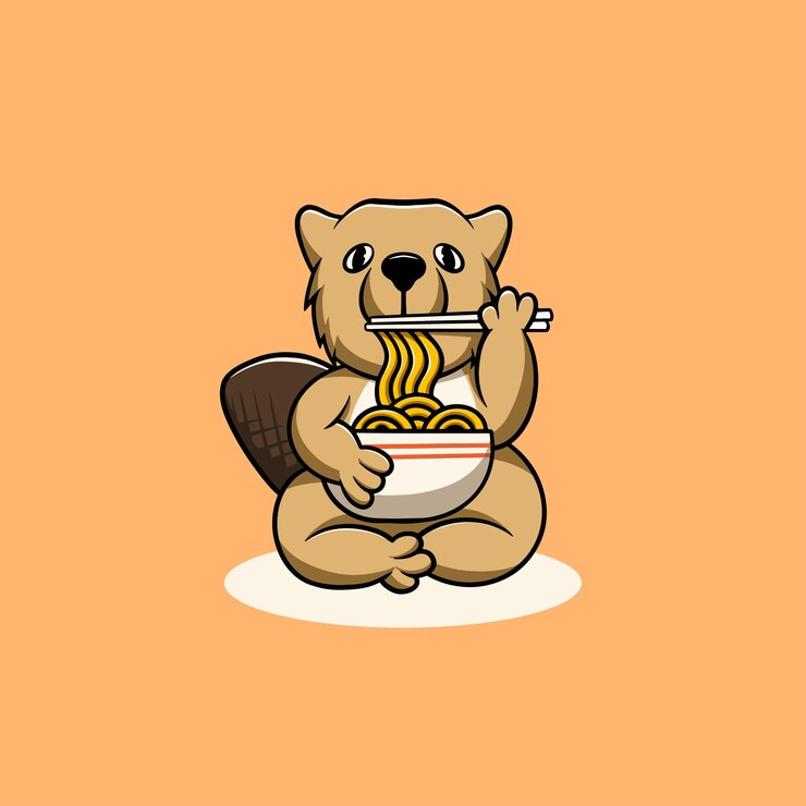 Linda nutria comiendo ilustración de dibujos animados de ramen