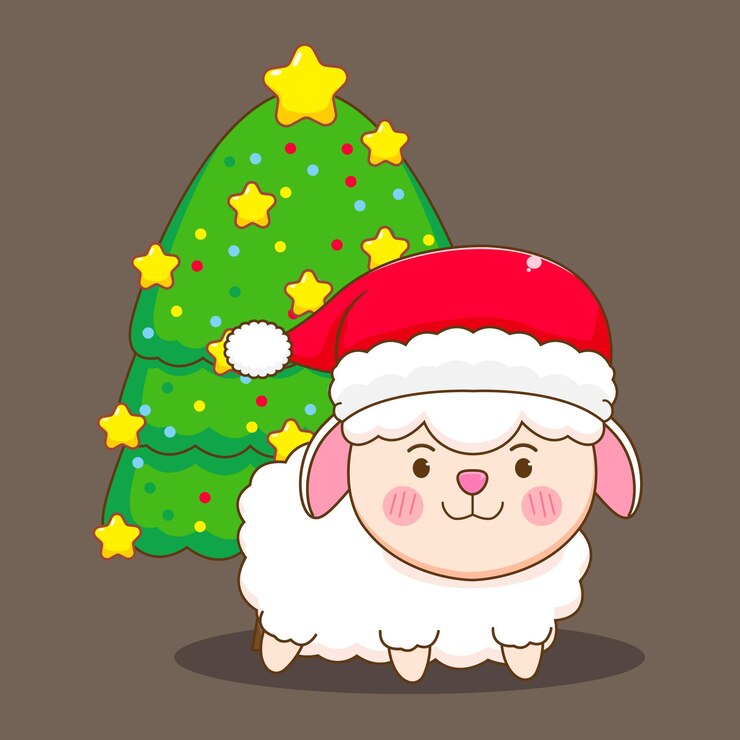 Vector linda oveja con árbol de navidad con gorro de papá noel
