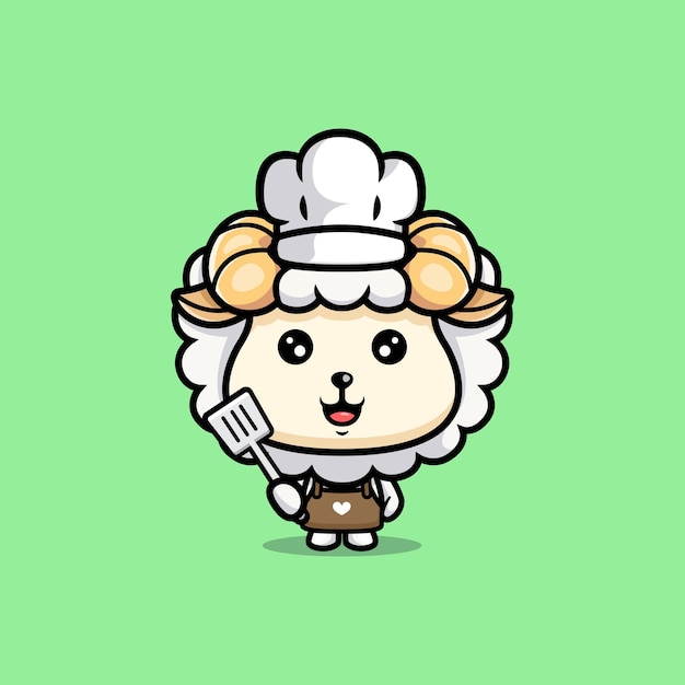 Vector linda oveja chef dibujos animados icono personaje chibi animal mascota ilustración vector