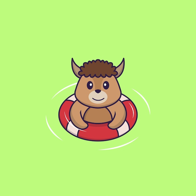 Linda oveja está nadando con una boya concepto de dibujos animados de animales aislado
