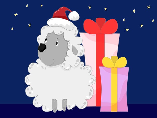 Linda oveja con sombrero con regalo de navidad. ilustración vectorial