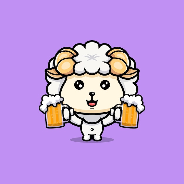 Linda oveja sosteniendo cerveza icono de dibujos animados carácter chibi animal mascota ilustración vector