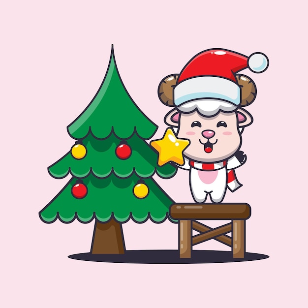 Linda oveja tomando la estrella del árbol de navidad. Linda ilustración de dibujos animados de Navidad.