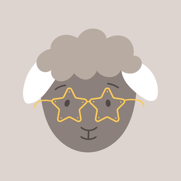 Linda oveja vectorial con gafas de estrella, ícono de cordero de garabato para niños, ilustración de animales de granja