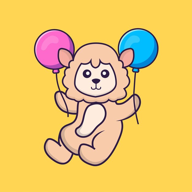 Linda oveja volando con dos globos. Concepto de dibujos animados de animales aislado.
