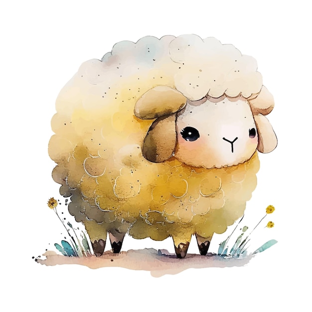 Vector linda ovejita, ilustración infantil pintada en estilo acuarela
