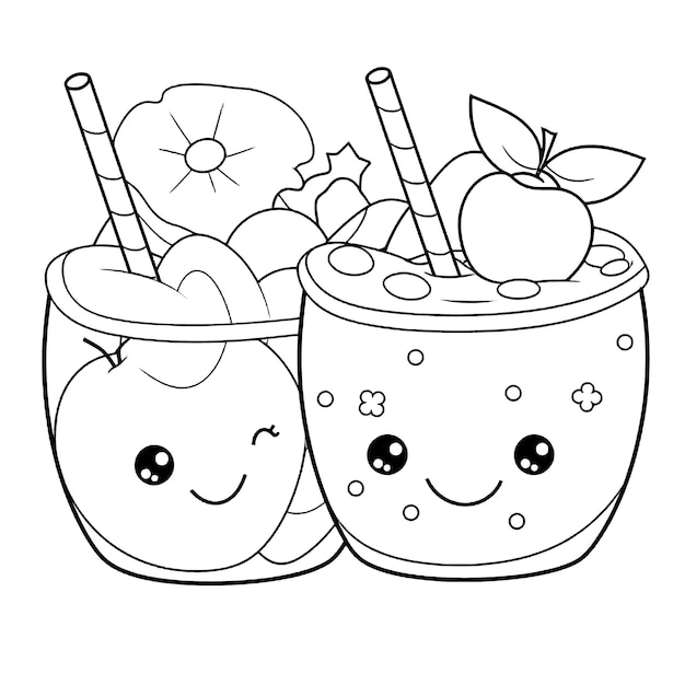 Linda página para colorear de jugo de fruta en blanco y negro para niños y adultos arte lineal estilo de dibujos animados simple feliz lindo y divertido