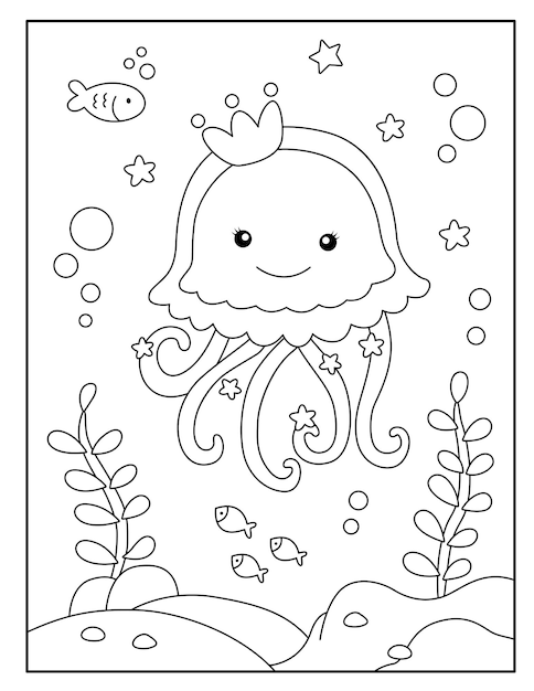 Vector linda página para colorear de medusas para niños